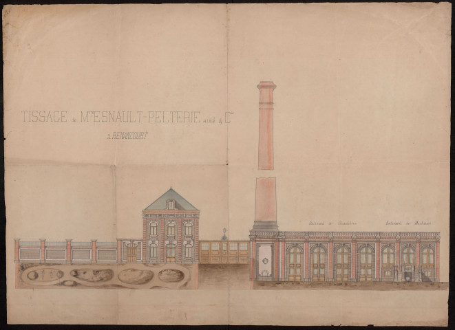 Dessin à l'aquarelle du Tissage de Messieurs Esnault-Pelterie Aîné & Cie à Renancourt (1890)