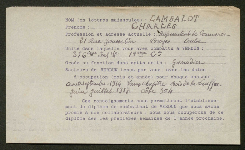 Témoignage de Lamballot, Charles (Grenadier) et correspondance avec Jacques Péricard