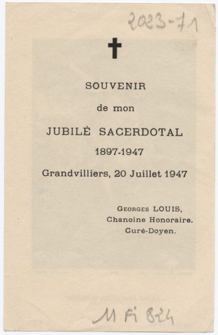 Saint-François d'Assise. Souvenir de mon jubilé sacerdotal, 1897-1947, Grandvillers, 20 juillet 1947, Georges Louis, Chanoine Honoraire, Curé-Doyen