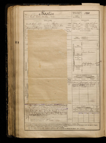 Bastien, Emile Frédéric Aurélien, né le 11 avril 1872 à Chartres (Eure-et-Loir), classe 1892, matricule n° 1390, Bureau de recrutement d'Amiens