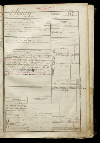 Floury, Jules Victor, né le 24 décembre 1893 à Roye-sur-Matz (Oise), classe 1913, matricule n° 967, Bureau de recrutement de Péronne