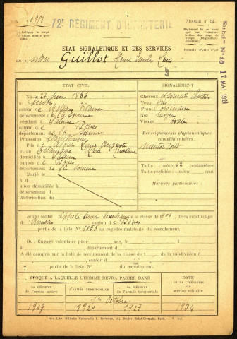 Guillot, Henri Emile Louis, né le 27 juin 1886 à Revelle (Somme), classe 1906, matricule n° 1055, Bureau de recrutement d'Amiens