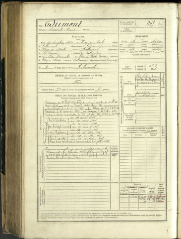 Dumont, Frument Adonis, né le 19 décembre 1860 à Wiry-au-Mont (Somme, France), classe 1880, matricule n° 945, Bureau de recrutement d'Abbeville