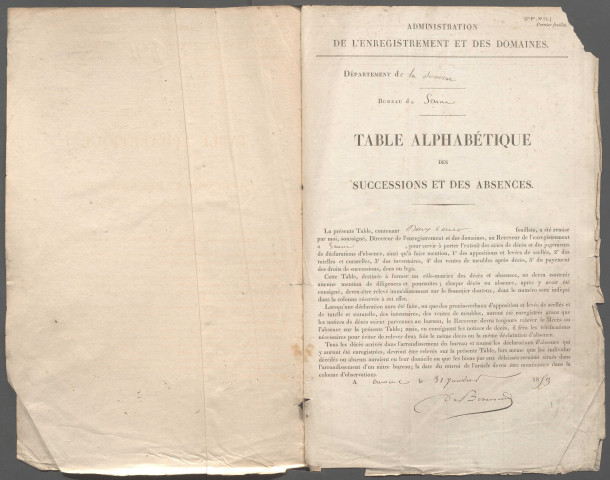 Table des successions et absences du bureau de Sains-en-Amiénois