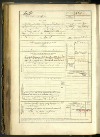 Varlet, Charles Armand Alfred, né le 31 décembre 1862 à Cayeux-en-Santerre (Somme, France), classe 1882, matricule n° 157, Bureau de recrutement de Péronne