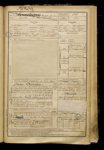 Henon, Narcisse, né le 14 février 1878 à Solesmes (Nord), classe 1898, matricule n° 311, Bureau de recrutement de Péronne