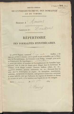 Répertoire des formalités hypothécaires, du 29/11/1872 au 22/03/1873, volume n° 125 (Conservation des hypothèques de Doullens)