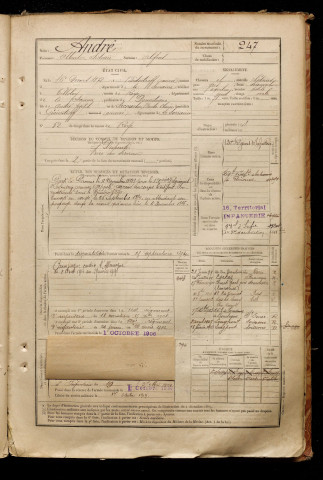 André, Albert Sidonie, né le 16 mars 1872 à Bidestroff (Moselle), classe 1892, matricule n° 247, Bureau de recrutement de Péronne