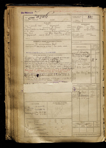 Zazali, Laurent, né le 05 novembre 1899 à Guyencourt-Saulcourt (Somme), classe 1919, matricule n° 882, Bureau de recrutement de Péronne