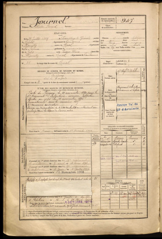 Journel, Hector Fernand, né le 29 juillet 1869 à Roisel (Somme), classe 1889, matricule n° 947, Bureau de recrutement de Péronne