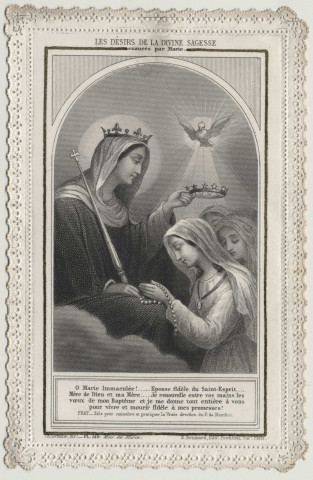 Image pieuse dentelle.Les désirs de la divine sagesse. La Vierge couronnant une jeune fille. Renouvellement des voeux du baptême