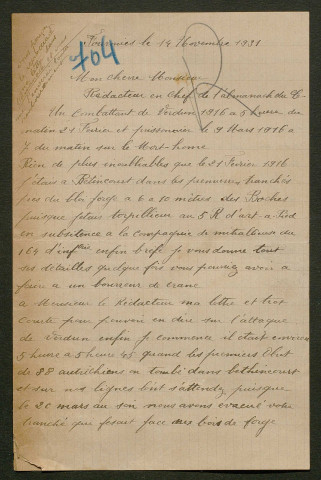 Témoignage de Lajeunesse, Emile (Artilleur) et correspondance avec Jacques Péricard