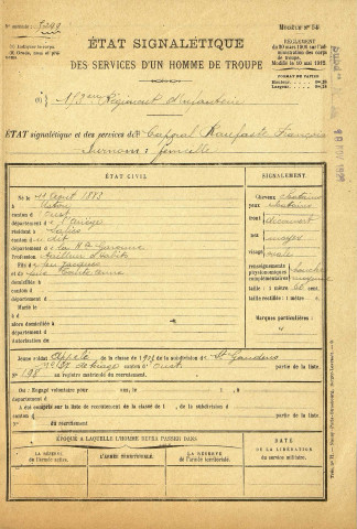Raufaste, François, né le 11 août 1883 à Ustou (Ariège), classe 1903, matricule n° 198, Bureau de recrutement de Saint-Gaudens