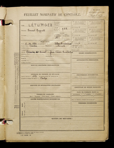 Léturgez, Ernest Auguste, né le 06 octobre 1891 à Villers-Bretonneux (Somme), classe 1911, matricule n° 752, Bureau de recrutement d'Amiens