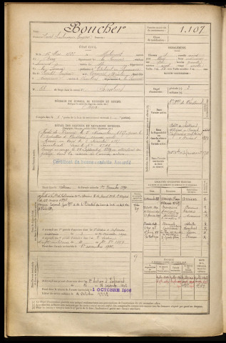 Boucher, Louis Charlemagne Eugène, né le 16 mai 1866 à Herbécourt (Somme), classe 1886, matricule n° 1107, Bureau de recrutement de Péronne