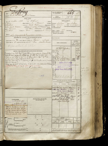 Guffroy, Emile Albert Fernand, né le 09 octobre 1896 à Athies (Somme), classe 1916, matricule n° 665, Bureau de recrutement de Péronne