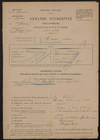 Ham. Demande d'indemnisation des dommages de guerre : dossier Baillet-Museux