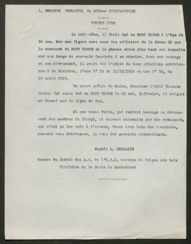 Témoignage de Deglaire, L. et correspondance avec Jacques Péricard