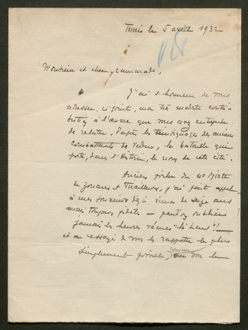 Témoignage de Bastelica, J. (Lieutenant) et correspondance avec Jacques Péricard