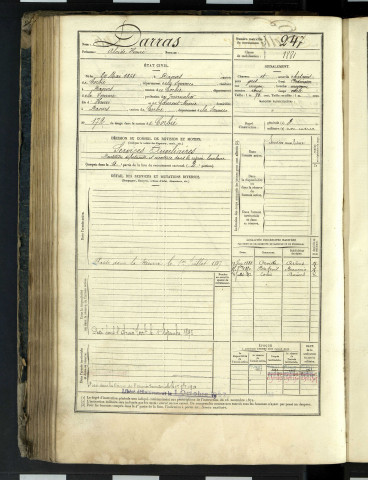 Darras , Alcide Henri, né le 20 Mai 1861 à Daours (Somme, France), classe 1881, matricule n° 247, Bureau de recrutement d'Amiens