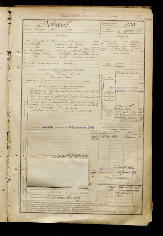 Doboeuf, Diogène Joseph, né le 27 janvier 1880 à Flers (Somme), classe 1900, matricule n° 625, Bureau de recrutement de Péronne