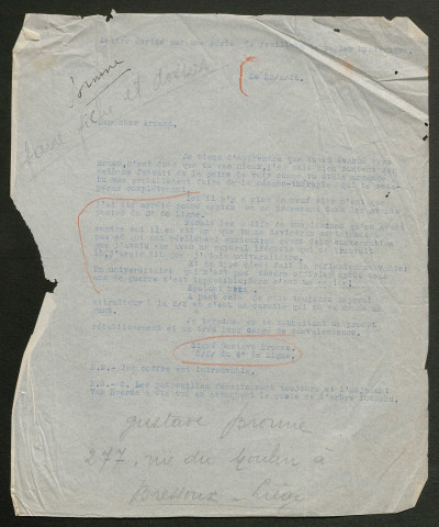 Témoignage de Bronne, Gustave et correspondance avec Jacques Péricard