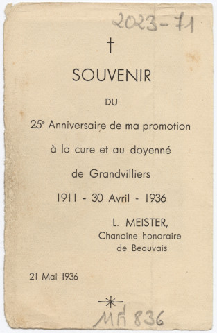 Le Saint Sacrifice de la Messe dans les catacombes. Souvenir du 25e anniversaire de ma promotion à la cure et au doyenné de Granvilliers 1911 - 30 avril – 1936. L. Meister, chanoine honoraire de Beauvais