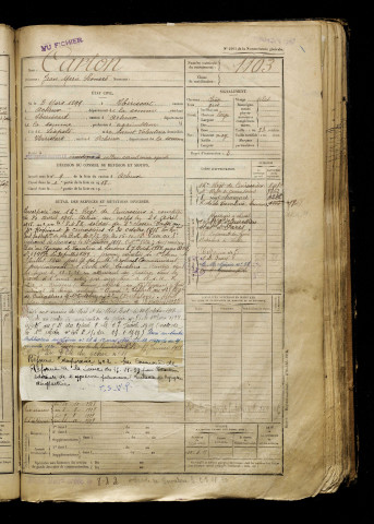 Carton, Jean Marie Léonard, né le 03 mars 1899 à Hérissart (Somme), classe 1919, matricule n° 1103, Bureau de recrutement d'Abbeville