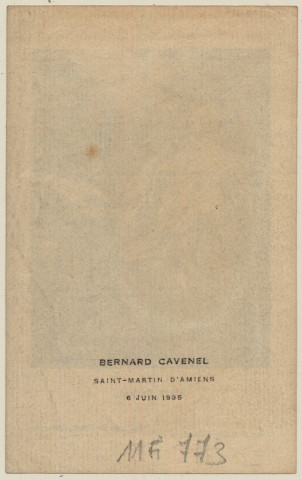 Saint Bernard de Clairvaux. Souvenir de communion solennelle de Bernard Cavenel en l'église de Saint-Martin d'Amiens, le 6 juin 1935
