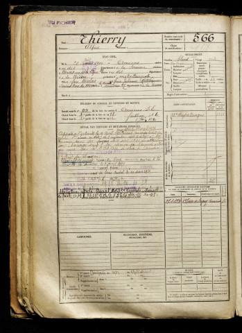 Thierry, Alfred, né le 20 août 1900 à Amiens (Somme), classe 1920, matricule n° 566, Bureau de recrutement d'Amiens