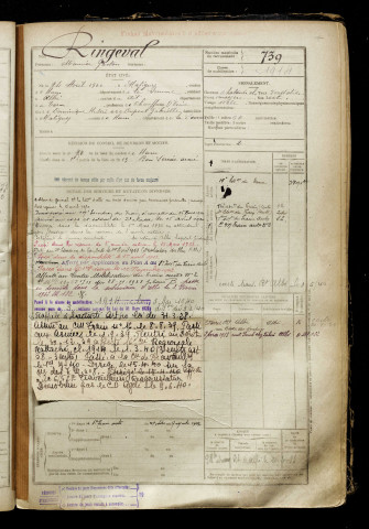 Ringeval, Maurice Gaston, né le 24 avril 1900 à Matigny (Somme), classe 1920, matricule n° 739, Bureau de recrutement de Péronne