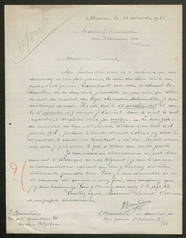 Témoignage de Brusselairs, L. (Maréchal des logis fourrier) et correspondance avec Jacques Péricard