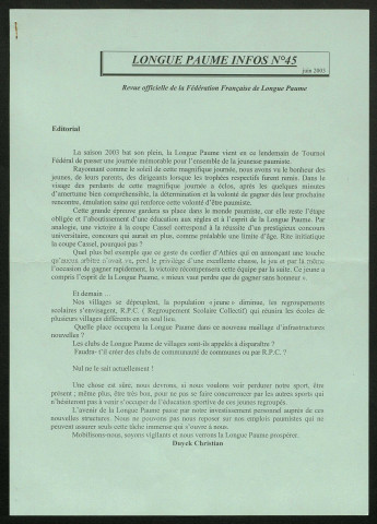 Longue Paume Infos (numéro 45), bulletin officiel de la Fédération Française de Longue Paume