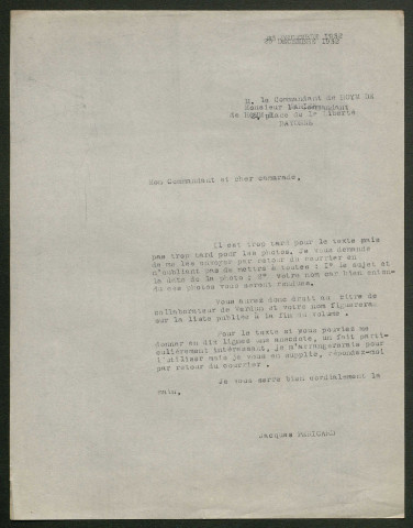 Témoignage de Hoym (de) de Marien (Commandant) et correspondance avec Jacques Péricard