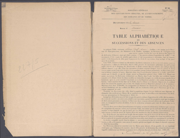 Table des successions et absences du bureau de Péronne