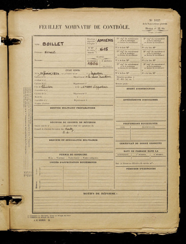 Boillet, Ernest, né le 10 février 1886 à Marques (Seine-Maritime), classe 1906, matricule n° 615, Bureau de recrutement d'Amiens
