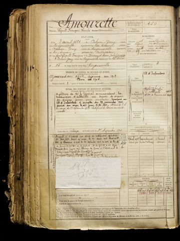 Amourette, Léopold François Charles Amédée, né le 03 avril 1881 à Cahon (Somme), classe 1901, matricule n° 450, Bureau de recrutement d'Abbeville