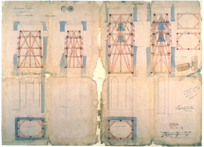 Cathédrale. Plan d'assemblage des charpentes des clochers, dressé par Viollet Le Duc en 1861