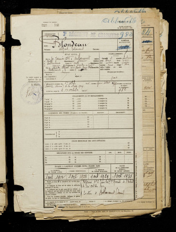 Blondeau, Alfred Edouard, né le 30 janvier 1889 à Béthencourt-sur-Mer (Somme), classe 1909, matricule n° 982, Bureau de recrutement d'Abbeville