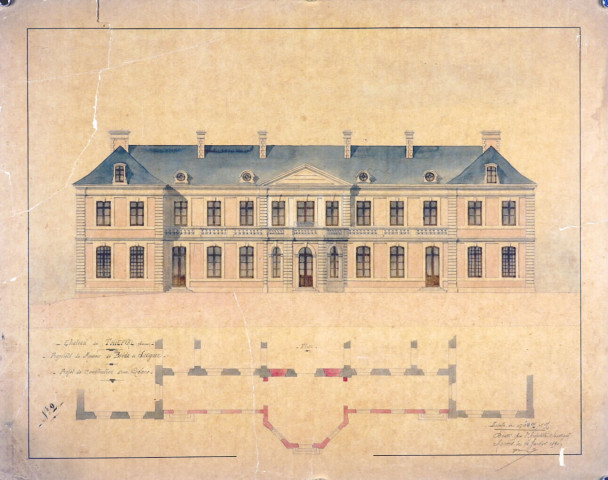 Château, projet de construction d'une galerie : dessin de l'architecte Paul Delefortrie