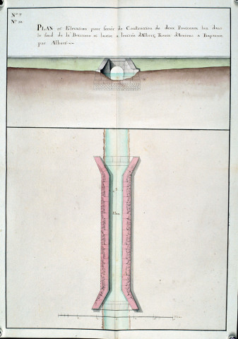 Plan et élévation pour servir de construction de deux ponceaux dans le fond de la Boissiere et l'autre à l'entrée d'Albert route d'Amiens à Bapaume par Albert