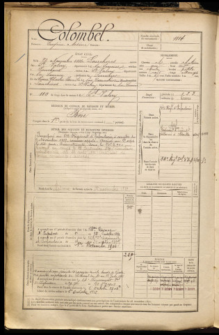 Colombel, Eugène Arsène, né le 23 novembre 1866 à Lanchères (Somme), classe 1886, matricule n° 1114, Bureau de recrutement d'Abbeville