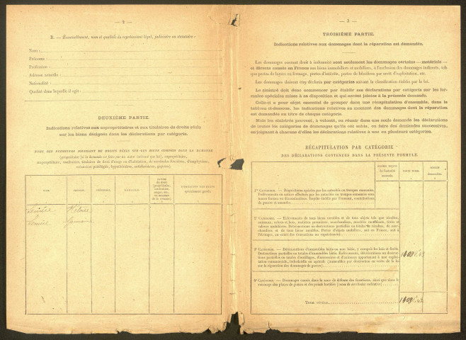 Bray-sur-Somme. Demande d'indemnisation des dommages de guerre : dossier Lemire