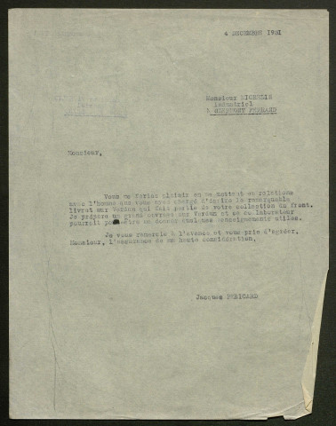 Témoignage de Michelin (Industriel) et correspondance avec Jacques Péricard