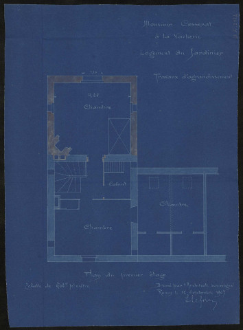 Propriété de Monsieur Cosserat à la Vacherie : logement du jardinier, travaux d'agrandissement, plan du premier étage