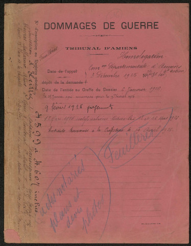 Feuillères. Demande d'indemnisation des dommages de guerre : dossier Heilly