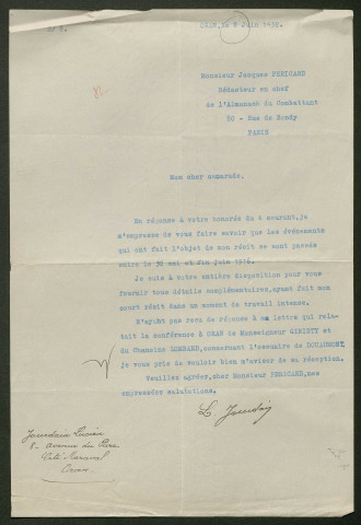 Témoignage de Jourdain, Lucien (Sergent) et correspondance avec Jacques Péricard