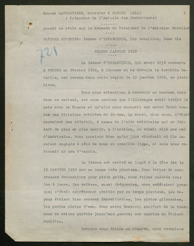 Témoignage de Lapicotière, Ernest (Caporal fourrier) et correspondance avec Jacques Péricard