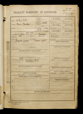 Halou, René Charles, né le 29 septembre 1892 à Amiens (Somme), classe 1912, matricule n° 1027, Bureau de recrutement d'Amiens