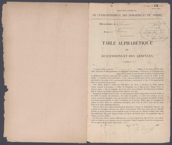 Table des successions et absences du bureau d'Amiens